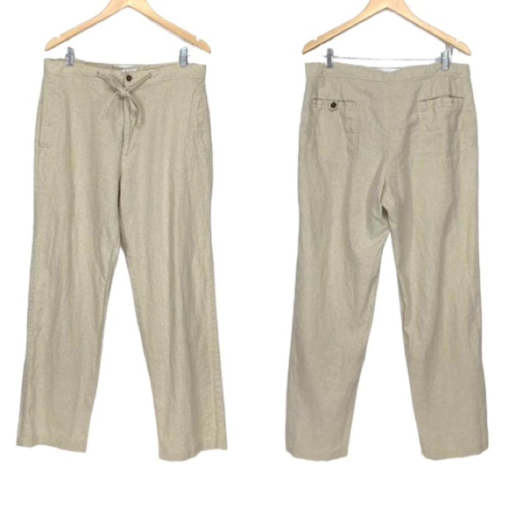 Martinez Montiel 100% Linen Straight Leg Pants Light Khaki Cream Oatmeal
